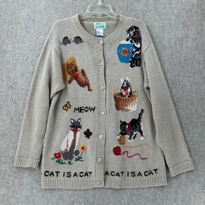 The Quacker Factory A Cat Is A Cat Size M Button Cardigan Kitty Granny Sweater